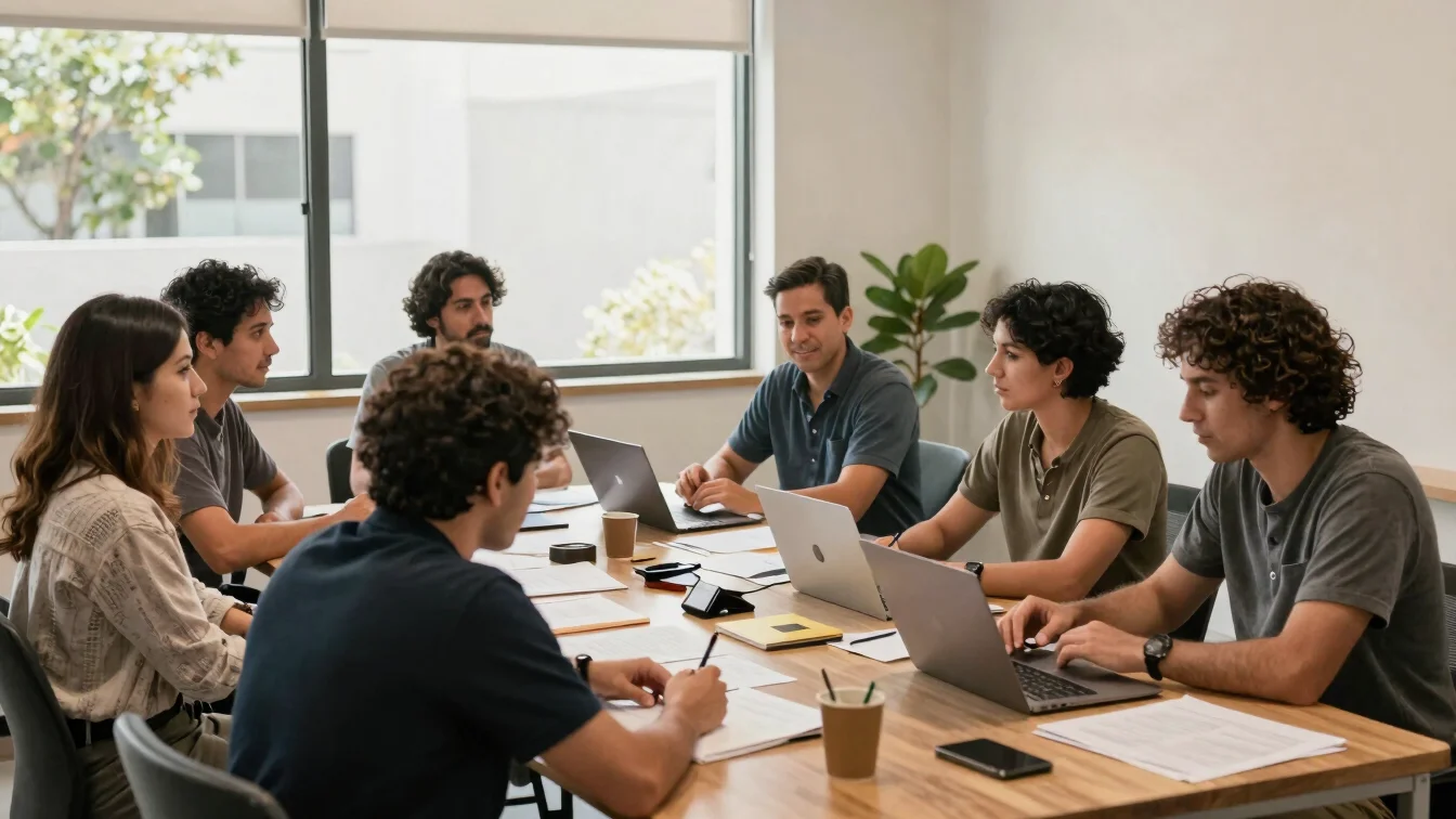 Reunión de equipo en una oficina argentina con luz natural de ven