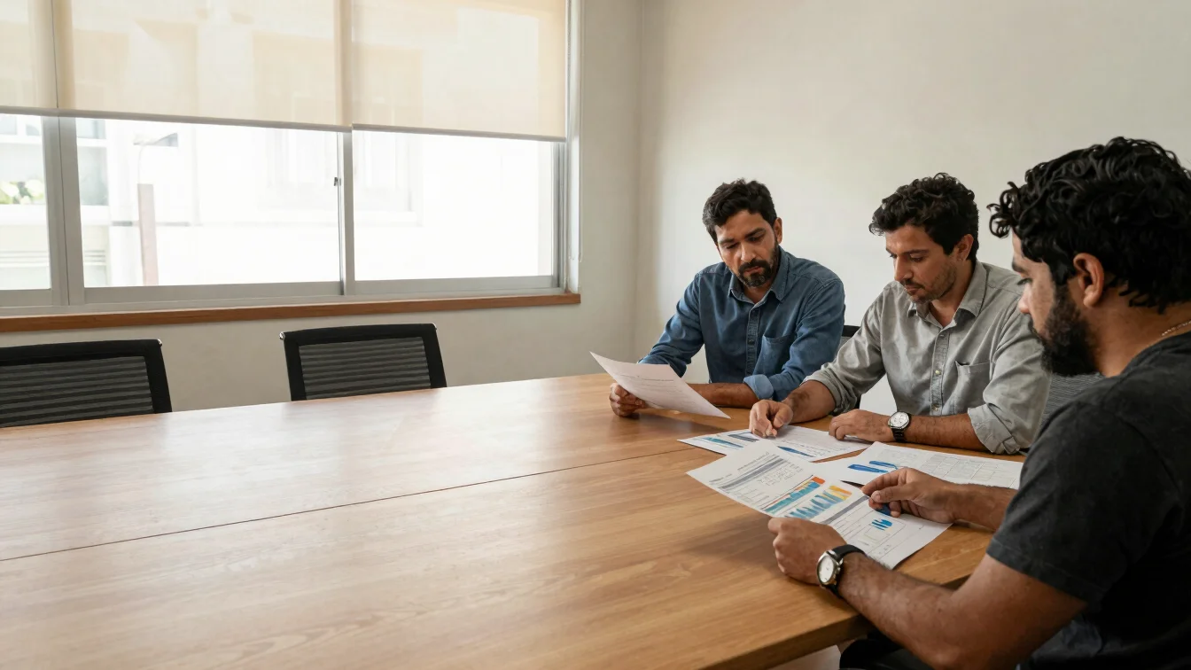 Panoramic editorial documentary frame, natural window light, a small team reviewing printed management reports across a