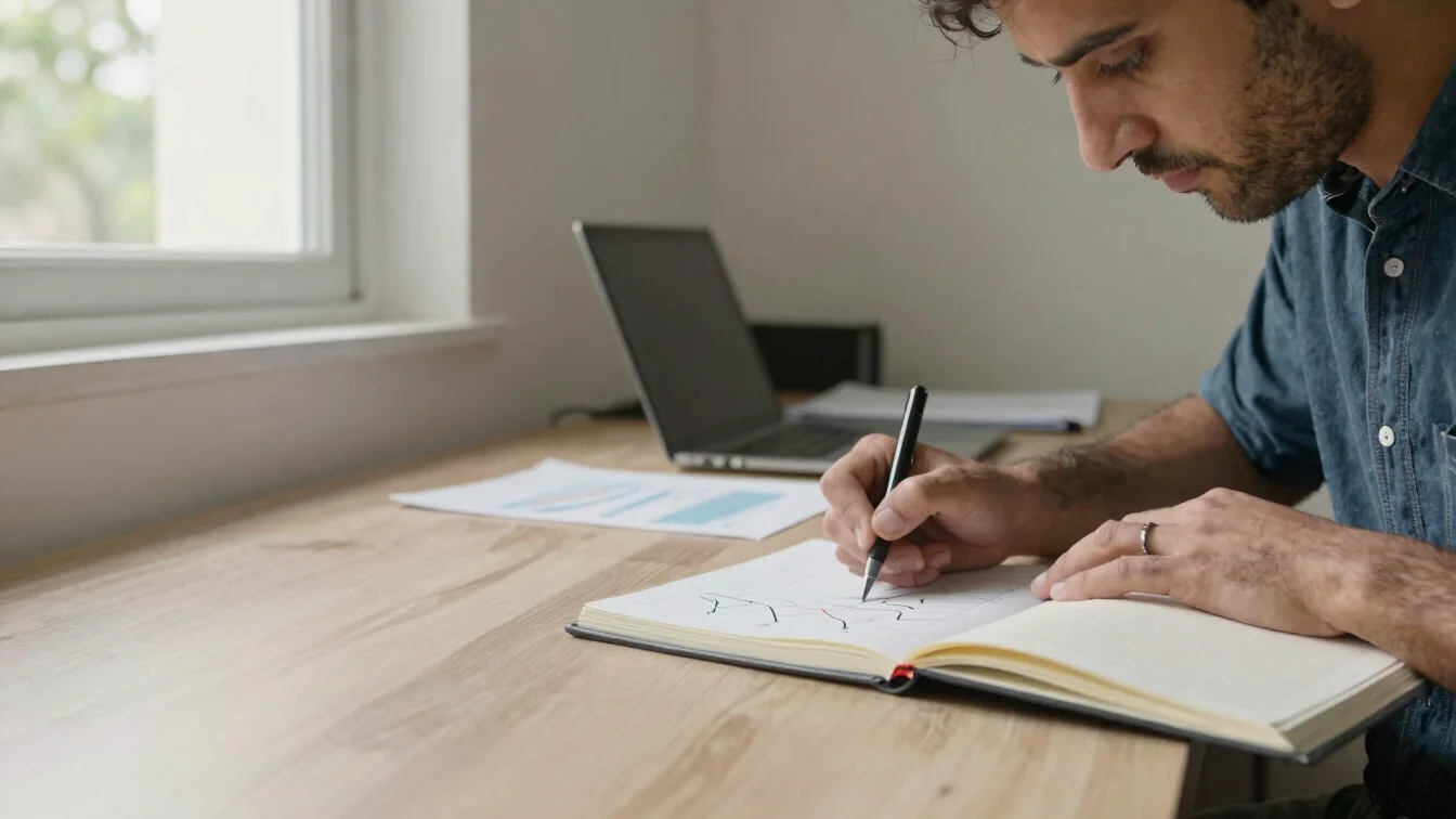 Panoramic editorial documentary frame, natural window light, a hand annotating a printed economic chart beside a noteboo