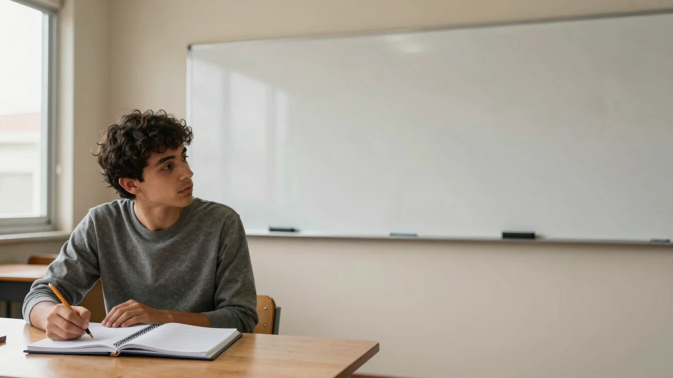 Panoramic editorial documentary frame, natural window light, an open notebook and pencil beside a classroom whiteboard i