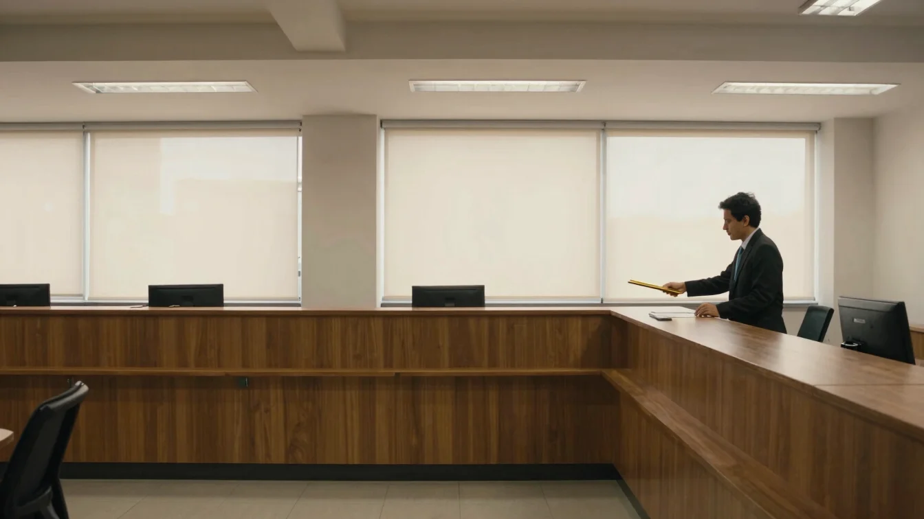 Wide panoramic interior of an Argentine office reception area, a worker handing a labeled folder across a wooden counter