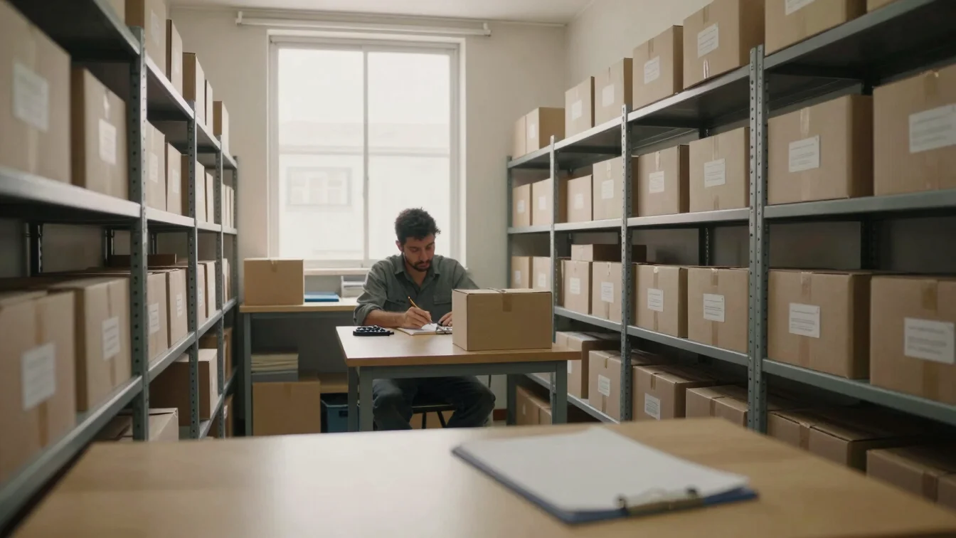 Open-plan Argentine storage room with shelving of labeled boxes, a clipboard on a table, a worker checking inventory, so