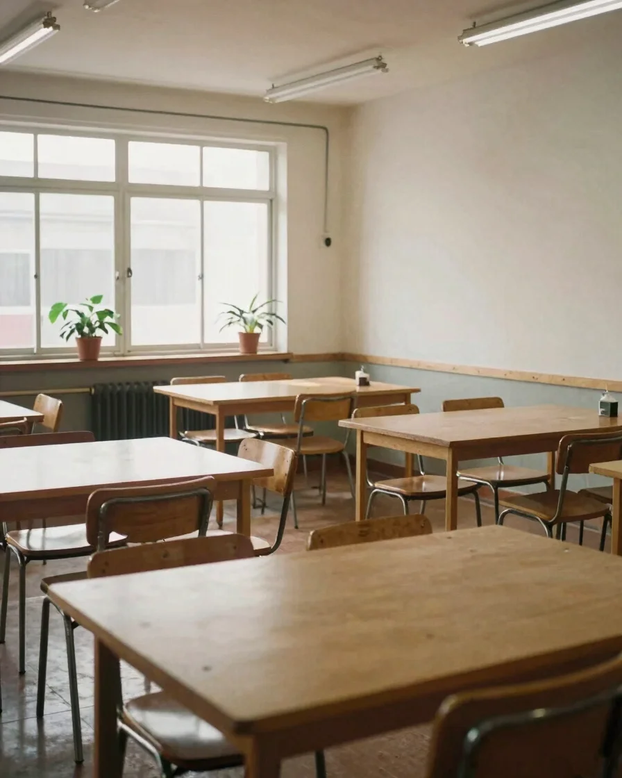 Wide open view of a clean Buenos Aires training room with wooden tables and chairs, a window with natural light, a plant