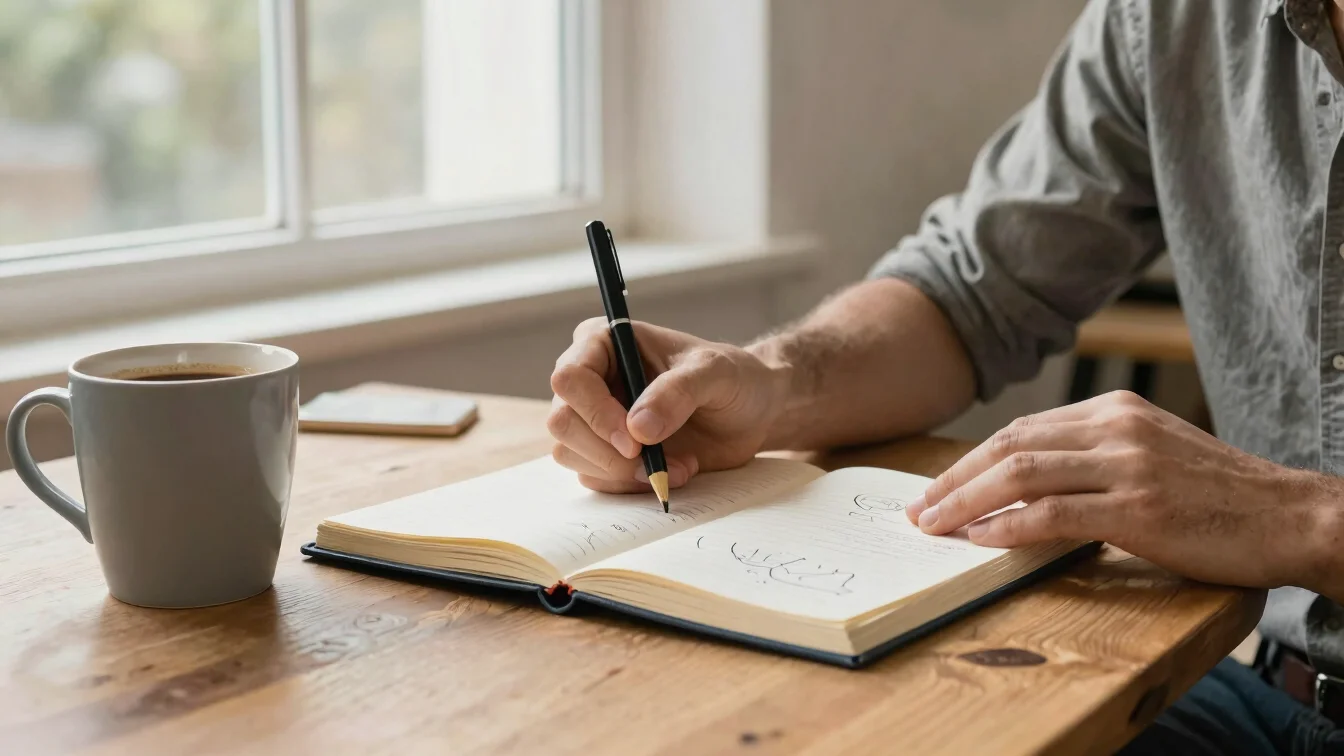 Detalle de manos sobre un cuaderno con gráficos hechos a mano y u