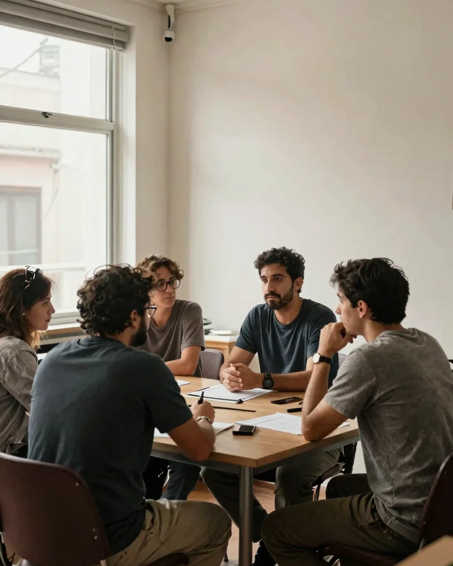 Planos abiertos de un equipo de trabajo conversando alrededor de