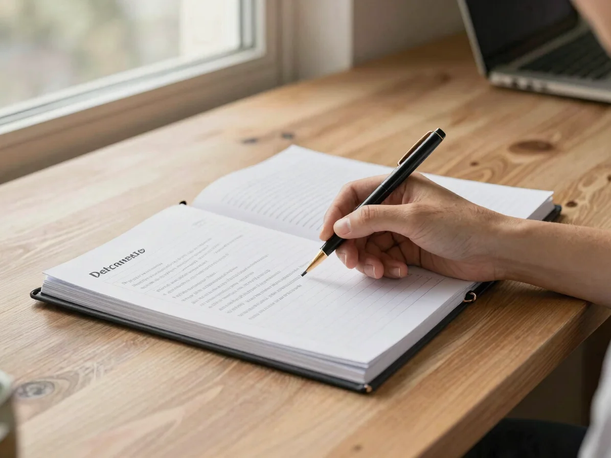 Detalle de manos sobre una carpeta de documentos y un cuaderno de notas en un escritorio de madera, luz natural de venta