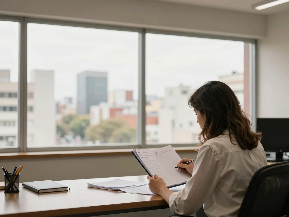 Persona de espaldas revisando una agenda de seguimiento junto a una ventana en una oficina de Buenos Aires, luz natural